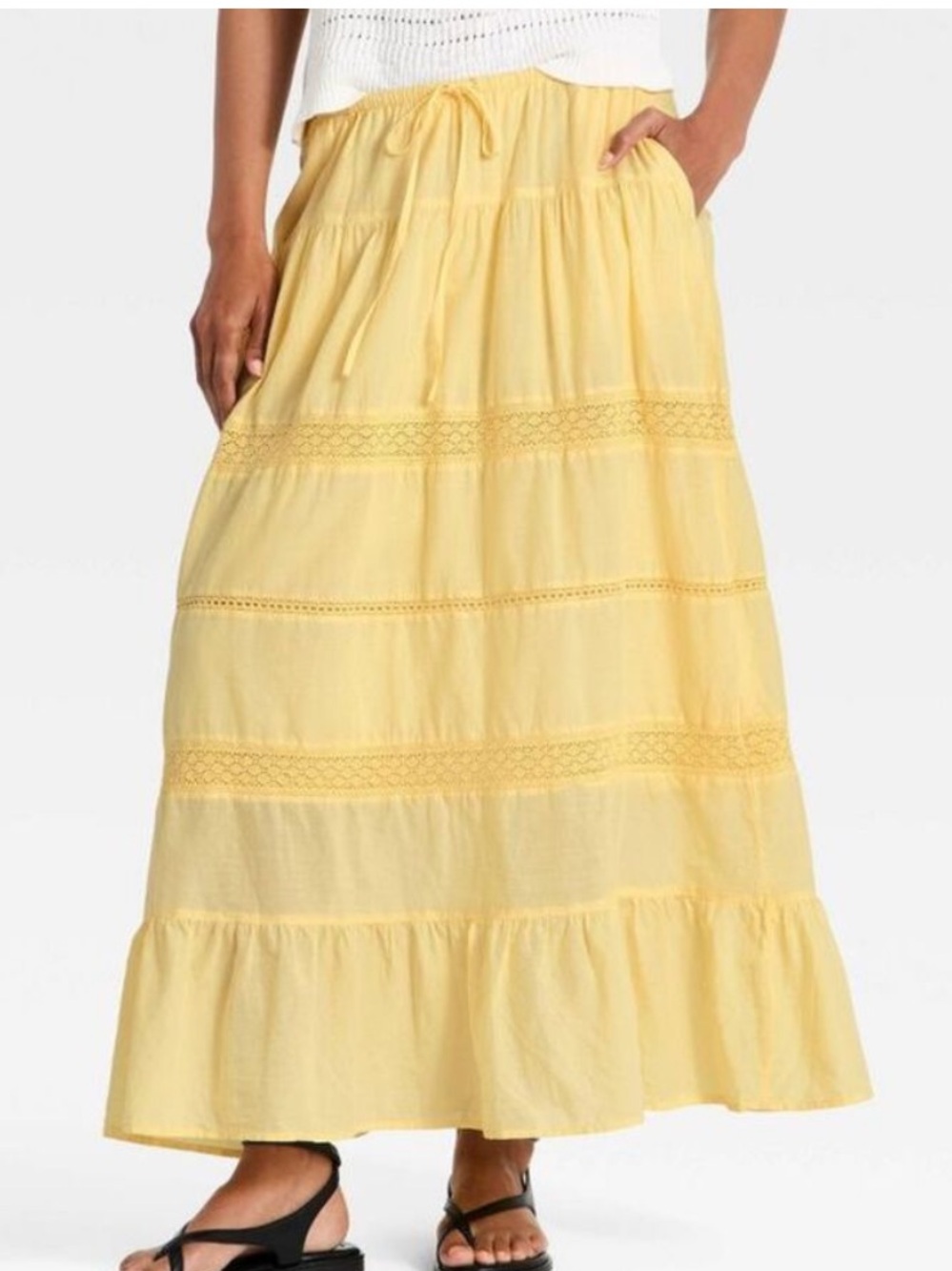 Universal Thread NWOT M Yellow Tiered CROCHET POCKETS peasant boho Maxi Skirt